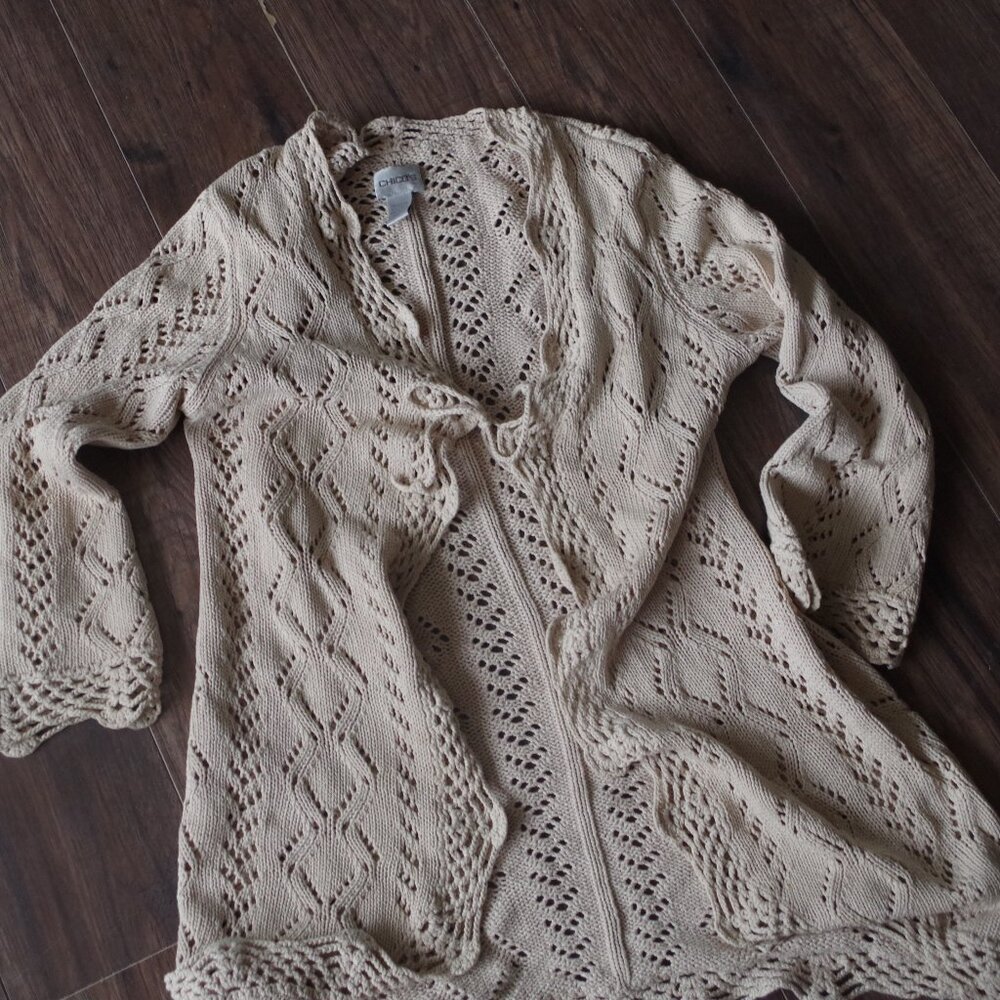 Chico's Oatmeal Color Crochet Cardigan  (6-8)